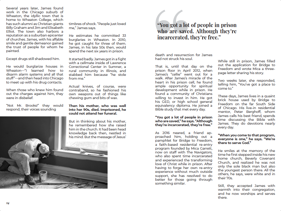 An article spread of the booklet. It has a photo of a black man bending down to paint an indoor window border, and he is dressed in white.