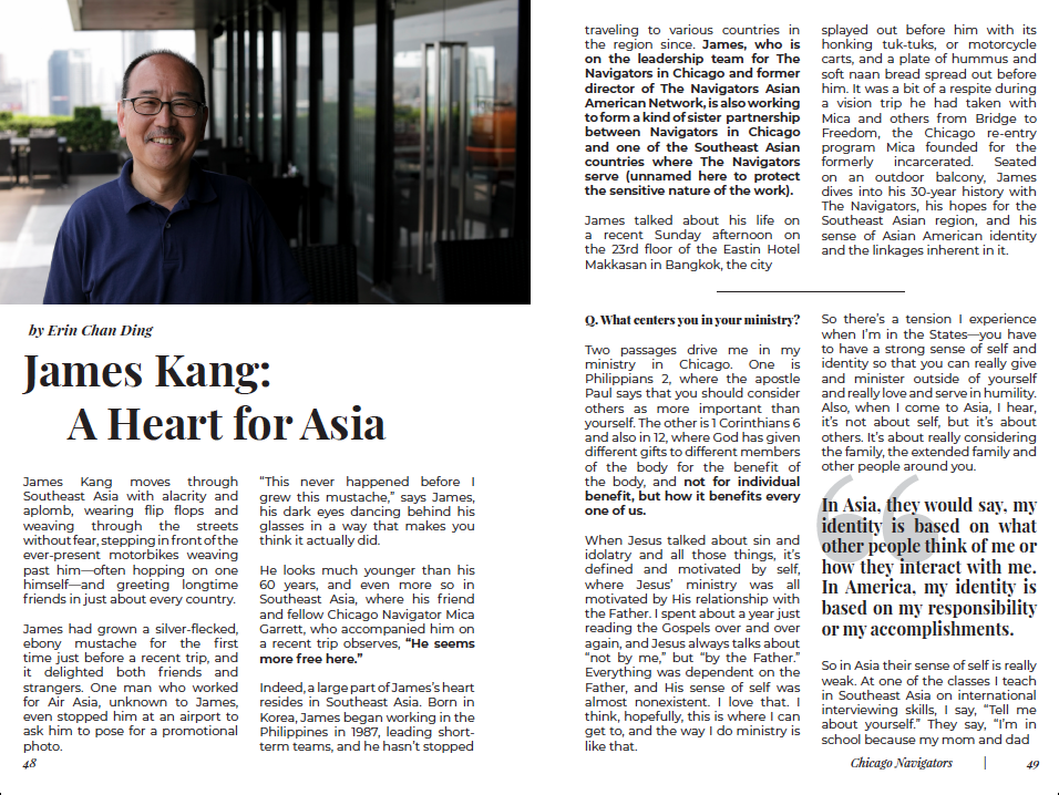 An article spread with James Kang, a Korean-American man, smiling directly towards the camera while at a hotel in southeast Asia.