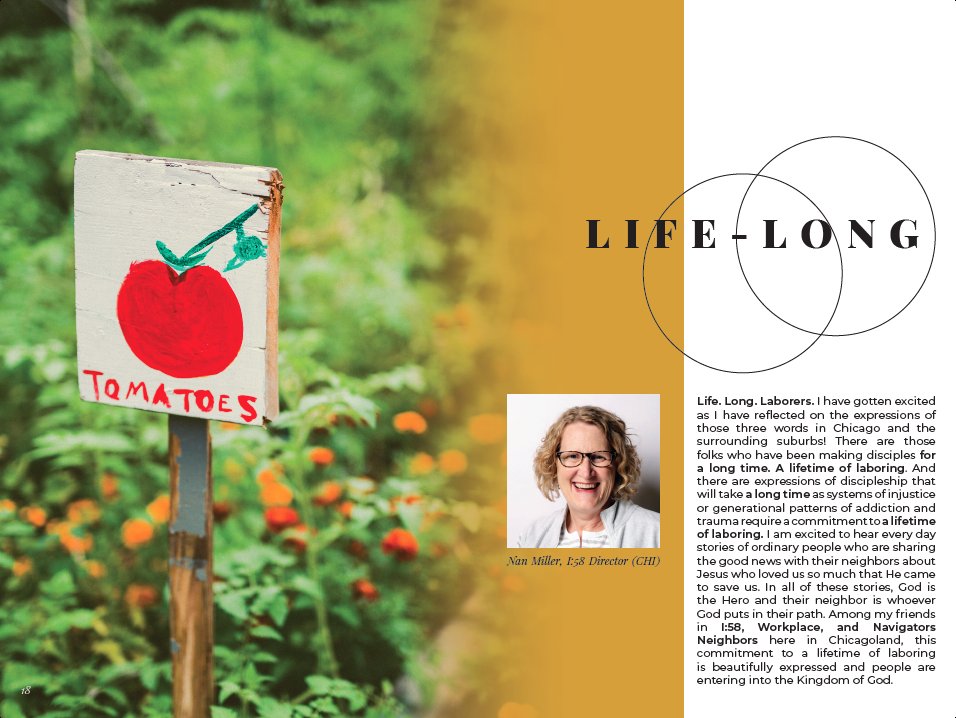 An article spread with a photo of a community garden sign that says, 'Tomatoes' on the left and an article with the heading, 'Life-Long' is on the right.